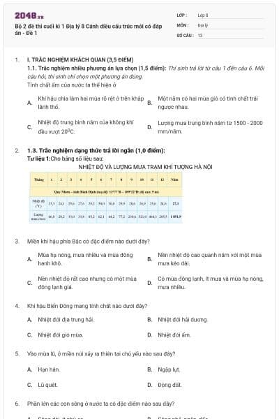 Bộ 2 đề thi cuối kì 1 Địa lý 8 Cánh diều cấu trúc mới có đáp án - Đề 1