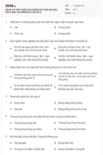 BỘ ĐỀ THI THPT QUỐC GIA CHUẨN CẤU TRÚC BỘ GIÁO DỤC & ĐÀO TẠO MÔN ĐỊA LÍ (ĐỀ SỐ 2)