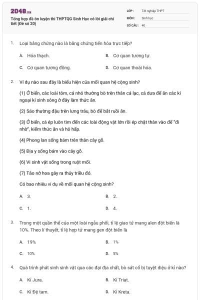 Tổng hợp đề ôn luyện thi THPTQG Sinh Học có lời giải chi tiết (Đề số 20)