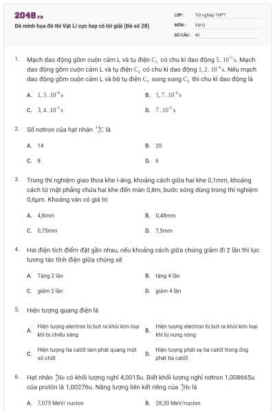 Đề minh họa đề thi Vật Lí cực hay có lời giải (Đề số 28)