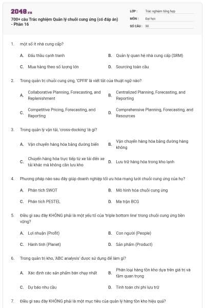 700+ câu Trắc nghiệm Quản lý chuỗi cung ứng (có đáp án) - Phần 16