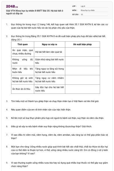 Giải VTH Khoa học tự nhiên 8 KNTT Bài 35: Hệ bài tiết ở người có đáp án