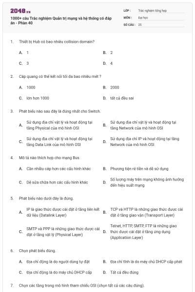 1000+ câu Trắc nghiệm Quản trị mạng và hệ thống có đáp án - Phần 40