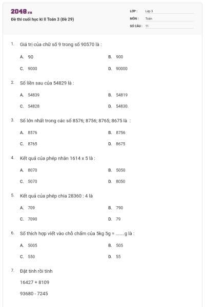 Đề thi cuối học kì II Toán 3 (Đề 29)