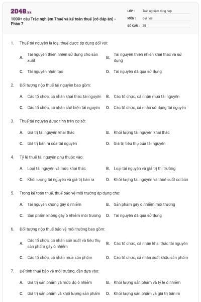 1000+ câu Trắc nghiệm Thuế và kế toán thuế (có đáp án) - Phần 7