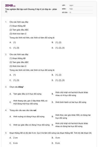 Trắc nghiệm Bài tập cuối Chương 5 lớp 6 (có đáp án - phần 2)