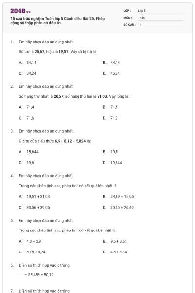 15 câu trắc nghiệm Toán lớp 5 Cánh diều Bài 25. Phép cộng số thập phân có đáp án