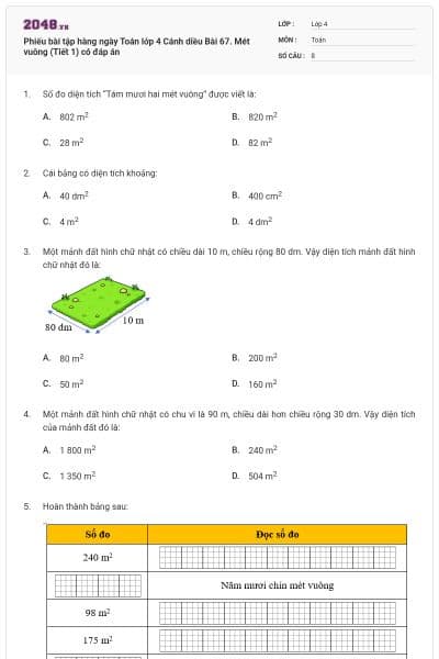 Phiếu bài tập hàng ngày Toán lớp 4 Cánh diều Bài 67. Mét vuông (Tiết 1) có đáp án