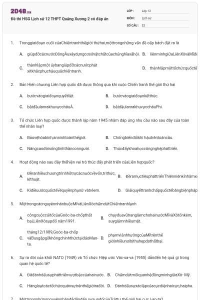 Đề thi HSG Lịch sử 12 THPT Quảng Xương 2 có đáp án
