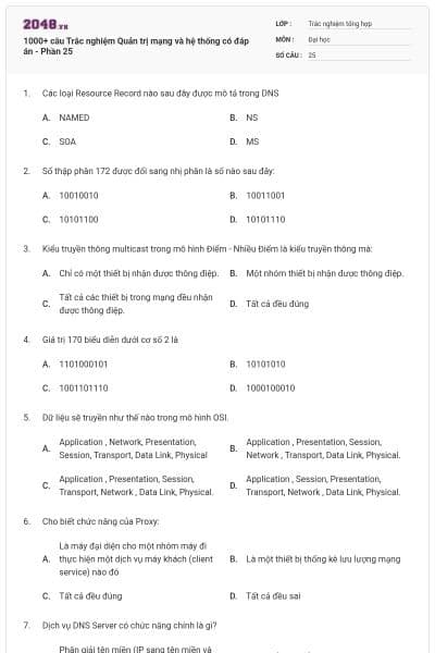 1000+ câu Trắc nghiệm Quản trị mạng và hệ thống có đáp án - Phần 25