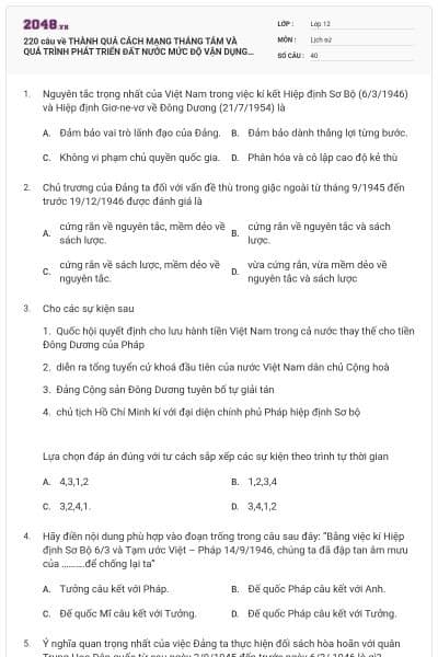 220 câu về THÀNH QUẢ CÁCH MẠNG THÁNG TÁM VÀ QUÁ TRÌNH PHÁT TRIỂN ĐẤT NƯỚC MỨC ĐỘ VẬN DỤNG - VẬN DỤNG CAO