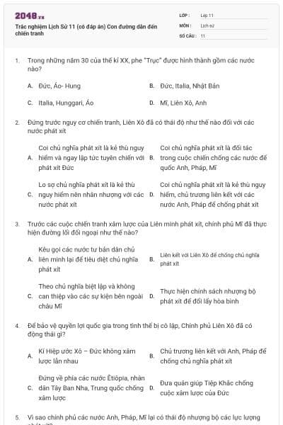 Trắc nghiệm Lịch Sử 11 (có đáp án) Con đường dẫn đến chiến tranh