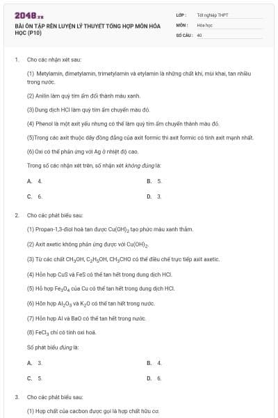 BÀI ÔN TẬP RÈN LUYỆN LÝ THUYẾT TỔNG HỢP MÔN HÓA HỌC (P10)