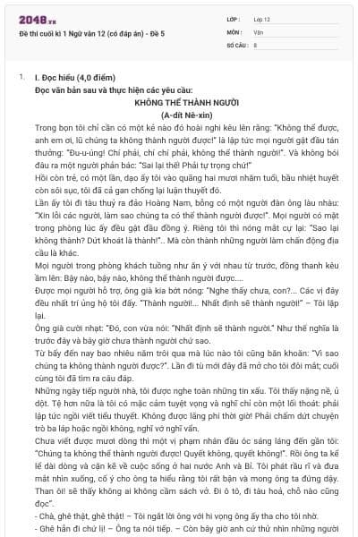 Đề thi cuối kì 1 Ngữ văn 12 (có đáp án) - Đề 5