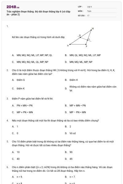 Trắc nghiệm Đoạn thẳng. Độ dài đoạn thẳng lớp 6 (có đáp án - phần 2)