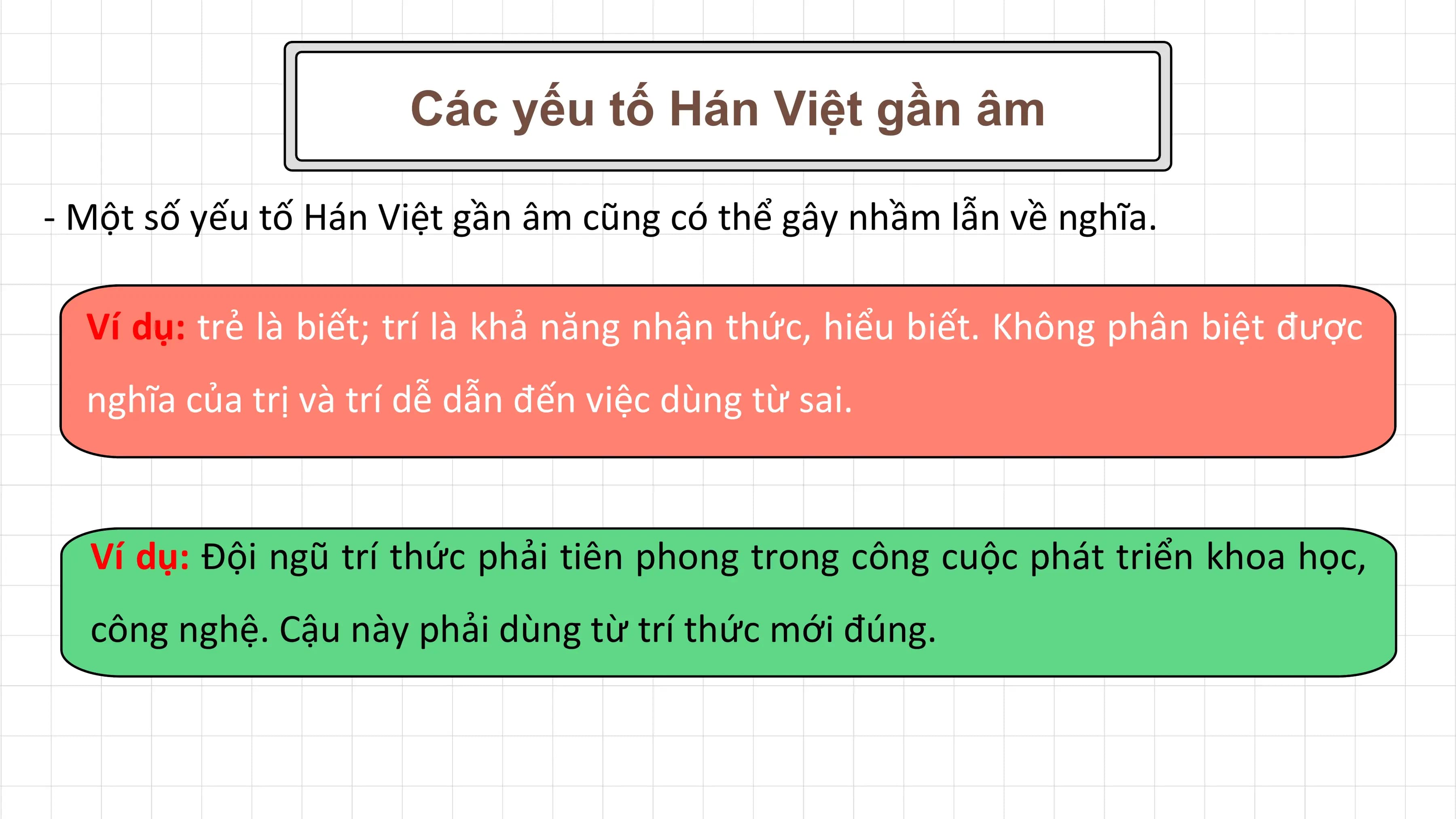 Các yếu tố Hán Việt gần âm

- Một số yếu tố Hán Việt gần âm cũng có thể gây nhầm lẫn về nghĩa.

 Ví dụ: trẻ là biết; trí là khả năng nhận thức, hiểu biết. Không phân biệt được
 nghĩa của trị và trí dễ dẫn đến việc dùng từ sai.

 Ví dụ: Đội ngũ trí thức phải tiên phong trong công cuộc phát triển khoa học,
 công nghệ. Cậu này phải dùng từ trí thức mới đúng.