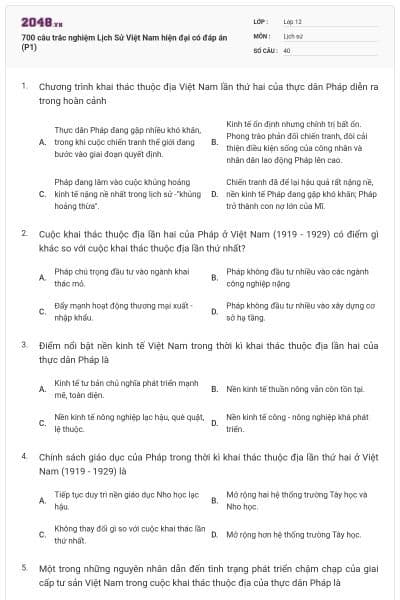 700 câu trắc nghiệm Lịch Sử Việt Nam hiện đại có đáp án (P1)