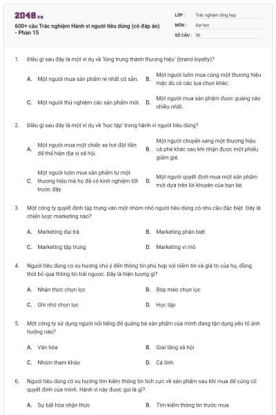 600+ câu Trắc nghiệm Hành vi người tiêu dùng (có đáp án) - Phần 15
