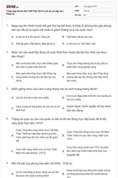 Tổng hợp Đề thi thử THPTQG 2019 Lịch sử có đáp án ( Phần 2)