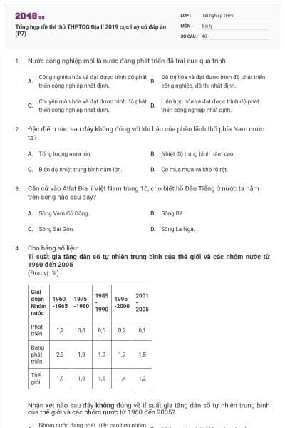 Tổng hợp đề thi thử THPTQG Địa lí 2019 cực hay có đáp án (P7)
