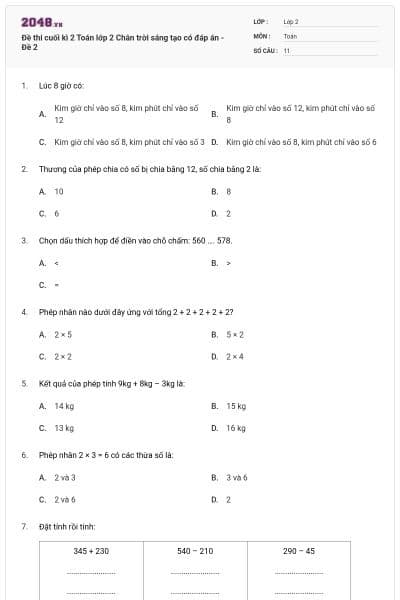 Đề thi cuối kì 2 Toán lớp 2 Chân trời sáng tạo có đáp án - Đề 2