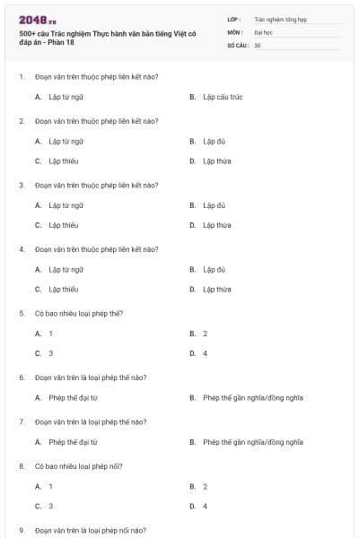 500+ câu Trắc nghiệm Thực hành văn bản tiếng Việt có đáp án - Phần 18