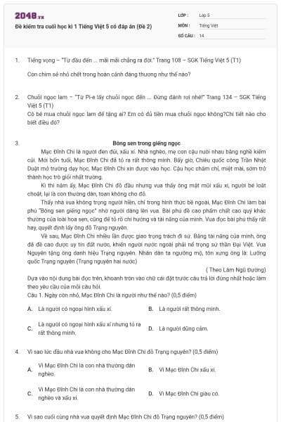 Đề kiểm tra cuối học kì 1 Tiếng Việt 5 có đáp án (Đề 2)