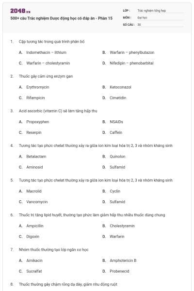 500+ câu Trắc nghiệm Dược động học có đáp án - Phần 15