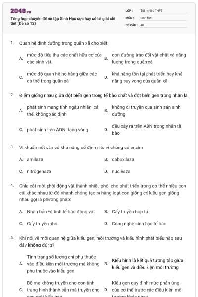 Tổng hợp chuyên đề ôn tập Sinh Học cực hay có lời giải chi tiết (Đề số 12)