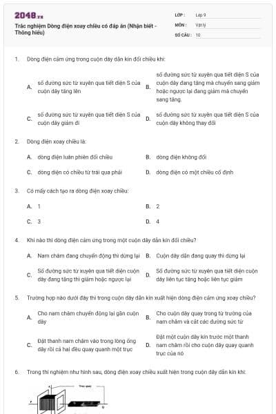 Trắc nghiệm Dòng điện xoay chiều có đáp án (Nhận biết - Thông hiểu)