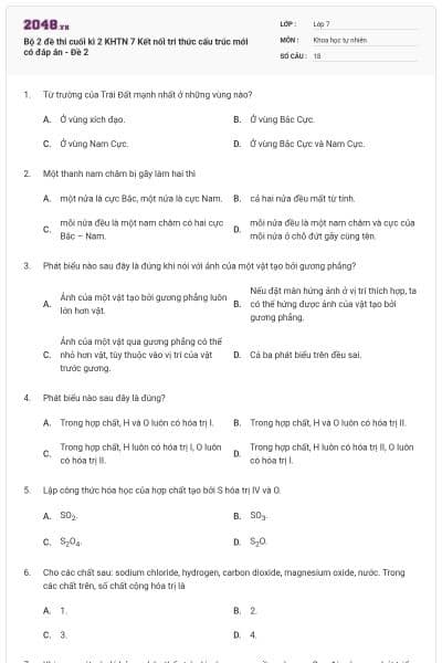 Bộ 2 đề thi cuối kì 2 KHTN 7 Kết nối tri thức cấu trúc mới có đáp án - Đề 2