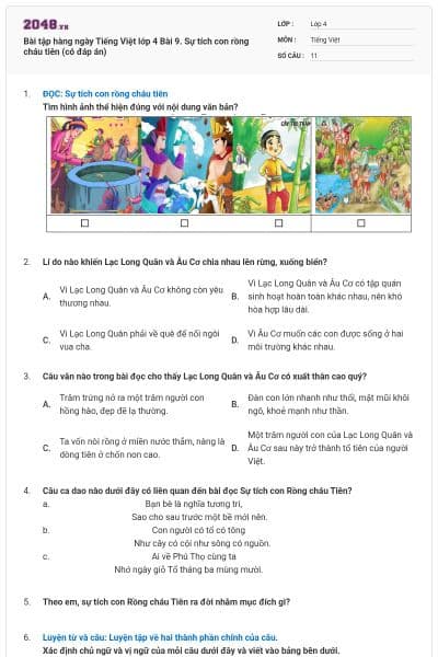 Bài tập hàng ngày Tiếng Việt lớp 4 Bài 9. Sự tích con rồng cháu tiên (có đáp án)