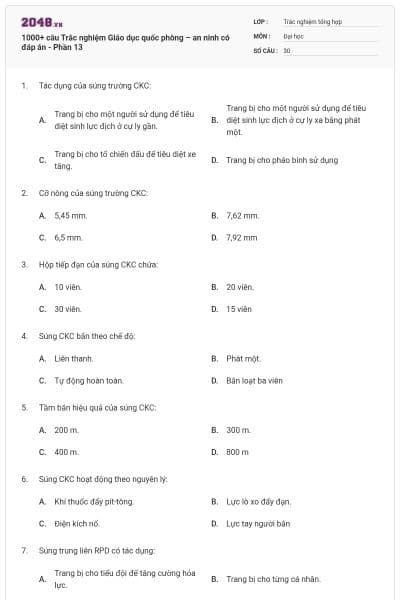 1000+ câu Trắc nghiệm Giáo dục quốc phòng – an ninh có đáp án - Phần 13