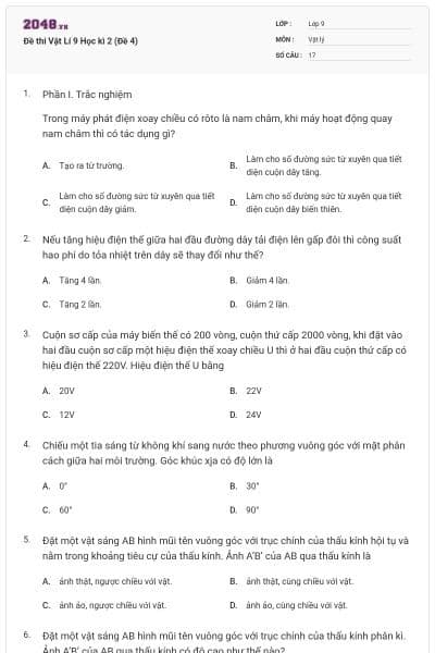 Đề thi Vật Lí 9 Học kì 2 (Đề 4)