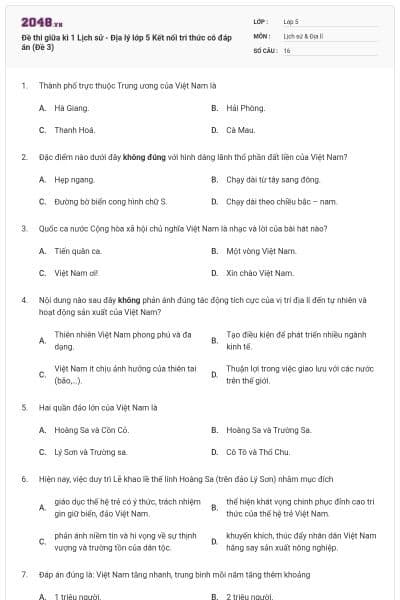 Đề thi giữa kì 1 Lịch sử - Địa lý lớp 5 Kết nối tri thức có đáp án (Đề 3)
