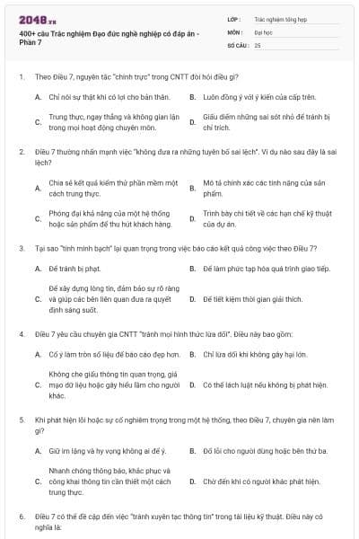 400+ câu Trắc nghiệm Đạo đức nghề nghiệp có đáp án - Phần 7