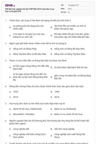 400 Bài trắc nghiệm thi thử THPTQG 2019 môn Địa lí cực hay có lời giải (P9)