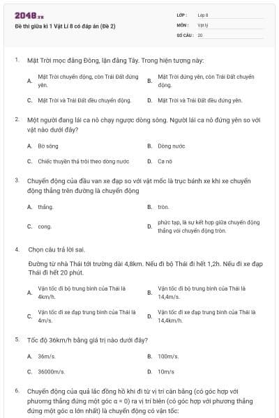 Đề thi giữa kì 1 Vật Lí 8 có đáp án (Đề 2)