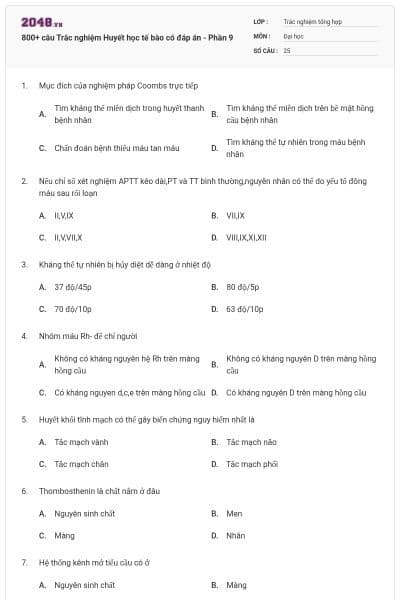800+ câu Trắc nghiệm Huyết học tế bào có đáp án - Phần 9