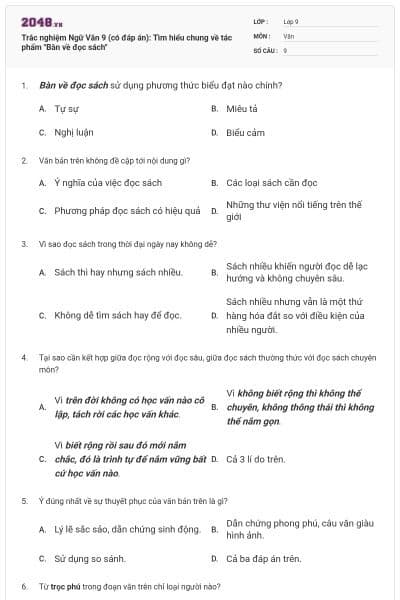Trắc nghiệm Ngữ Văn 9 (có đáp án): Tìm hiểu chung về tác phẩm "Bàn về đọc sách"