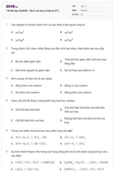 146 Bài tập CACBON - SILIC cực hay có đáp án (P1)