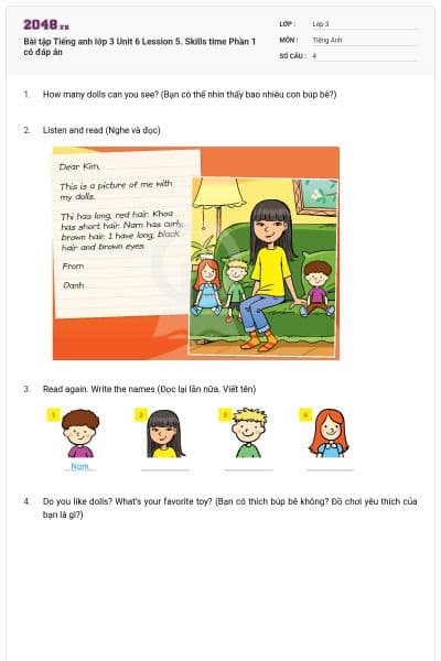 Bài tập Tiếng anh lớp 3 Unit 6 Lession 5. Skills time Phần 1 có đáp án