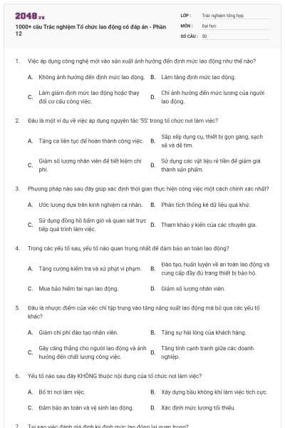 1000+ câu Trắc nghiệm Tổ chức lao động có đáp án - Phần 12