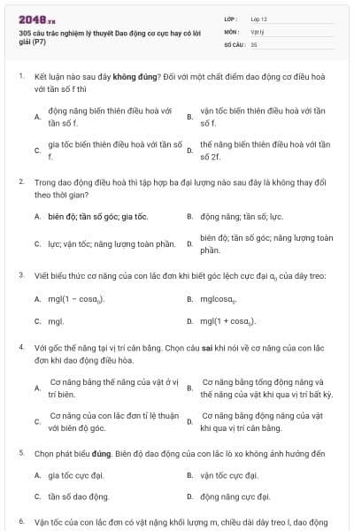 305 câu trắc nghiệm lý thuyết Dao động cơ cực hay có lời giải (P7)