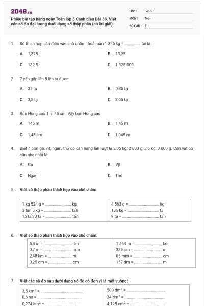 Phiếu bài tập hàng ngày Toán lớp 5 Cánh diều Bài 38. Viết các số đo đại lượng dưới dạng số thập phân (có lời giải)