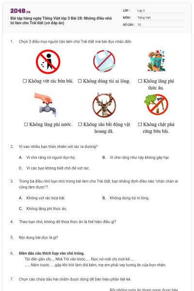 Bài tập hàng ngày Tiếng Việt lớp 3 Bài 28: Những điều nhỏ tớ làm cho Trái Đất (có đáp án)