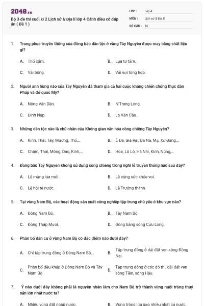 Bộ 3 đề thi cuối kì 2 Lịch sử & Địa lí lớp 4 Cánh diều có đáp án ( Đề 1 )