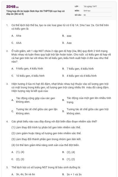 Tổng hợp đề ôn luyện Sinh Học thi THPTQG cực hay có đáp án (Đề số 8)