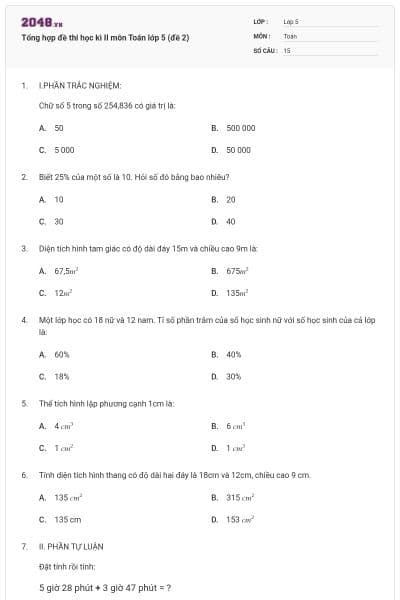 Tổng hợp đề thi học kì II môn Toán lớp 5 (đề 2)