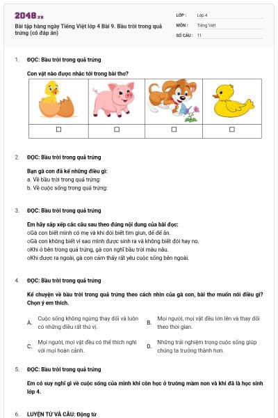 Bài tập hàng ngày Tiếng Việt lớp 4 Bài 9. Bầu trời trong quả trứng (có đáp án)